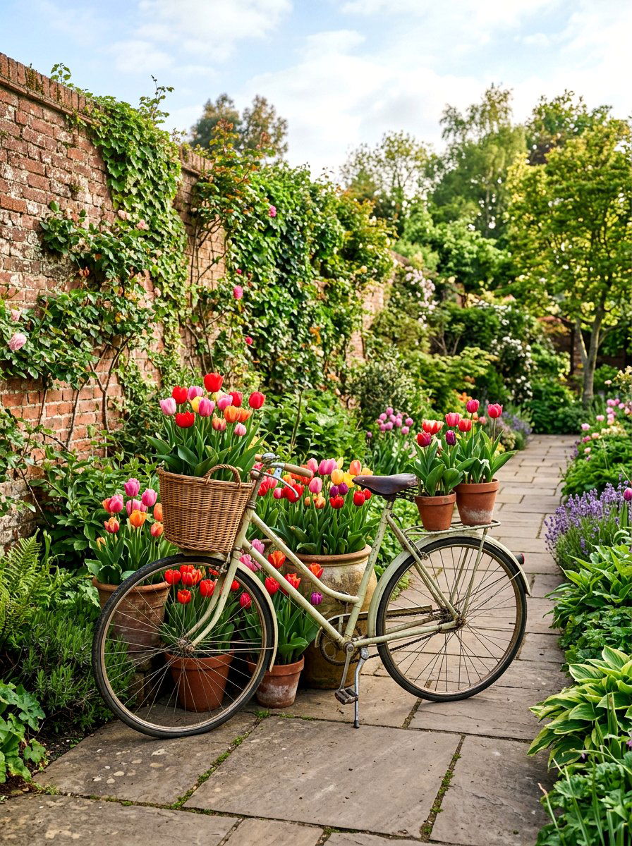 Potted Tulip Bicycle Display - 25 Spring Bicycle Decor Ideas