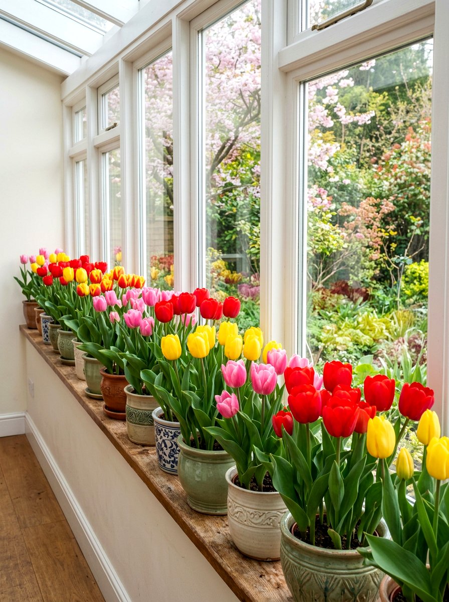 Potted Tulip Display - 25 Spring Enclosed Porch Decor Ideas