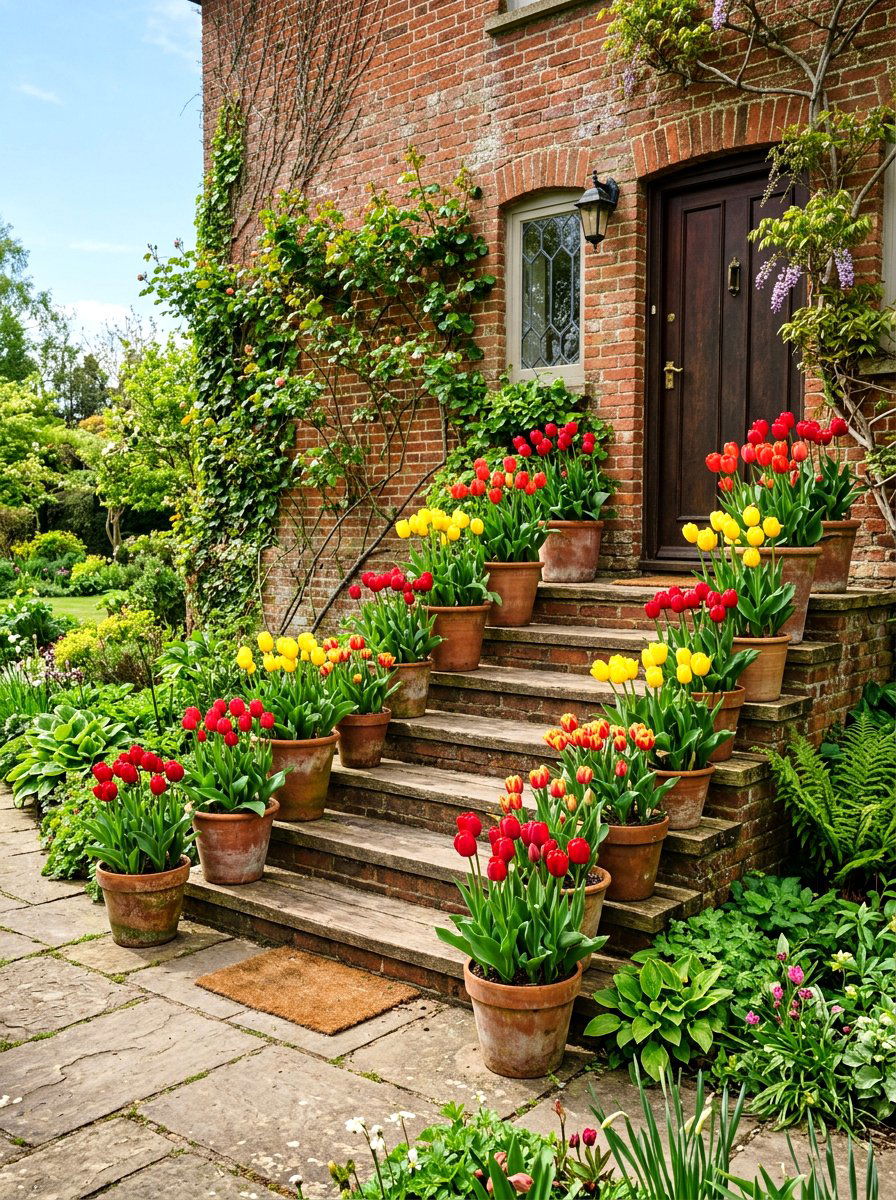 Potted Tulip Display - 25 Spring Front Porch Decor Ideas