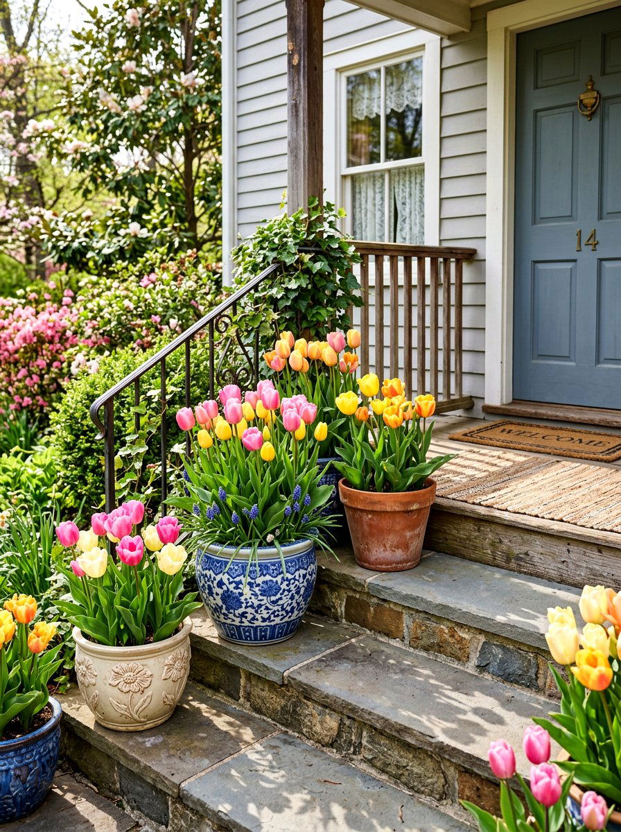 Potted Tulip Flower Display - 25 Porch Spring Decor Ideas