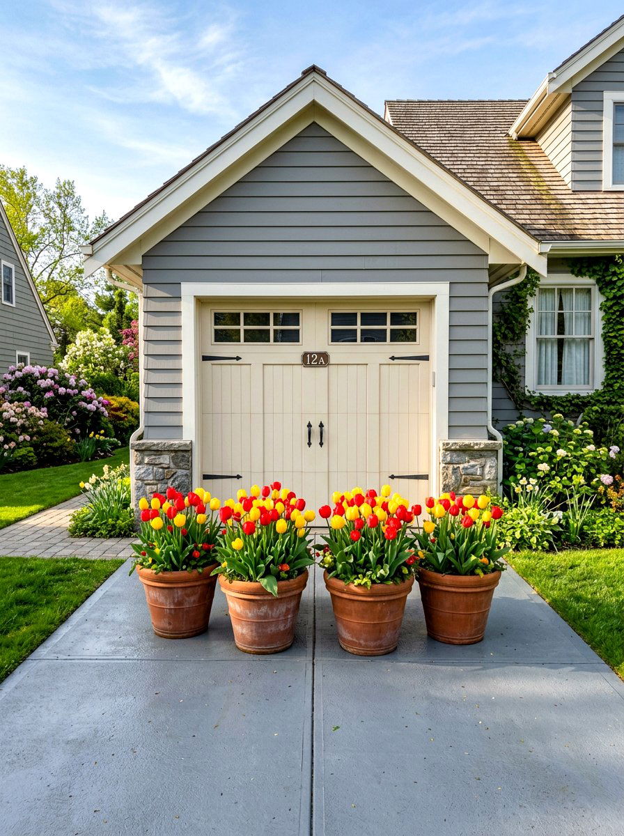 Potted Tulip For Garage - 25 Spring Garage Door Decor Ideas