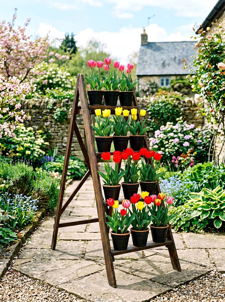Potted Tulip Garden Ladder - 25 Spring Garden Ladder Display Ideas