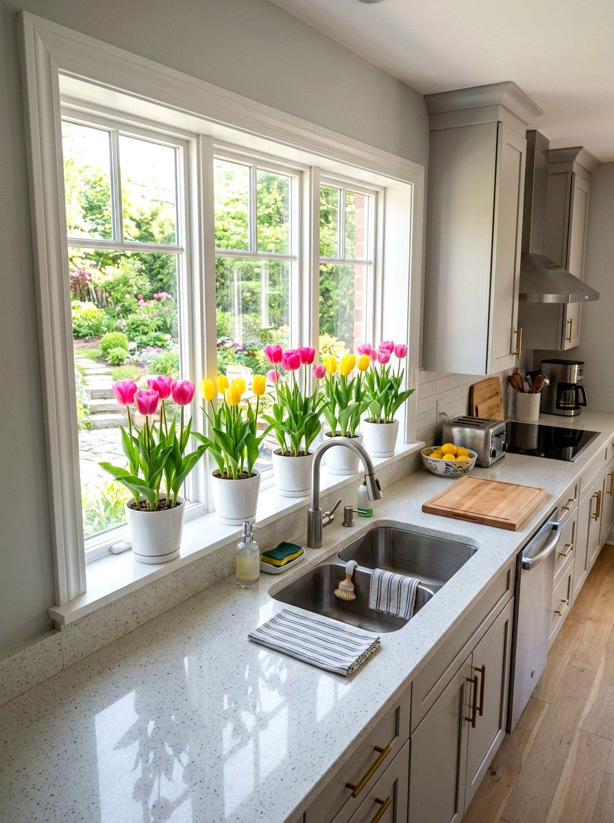 Potted Tulips - 25 Spring Kitchen Windowsill Decor Ideas