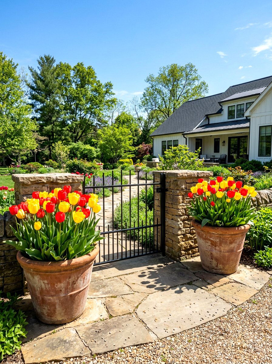 Potted Tulips At Entrance - 25 Spring Front Gate Decor Ideas