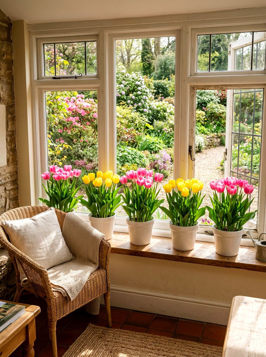 Potted Tulips Window Display - 25 Spring Window Frame Decor Ideas