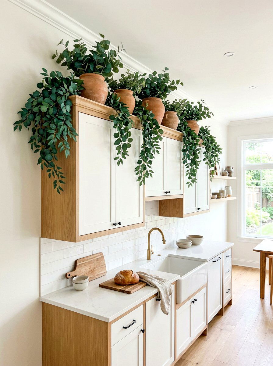 Potted faux eucalyptus - 25 Spring Above Cabinet Decor Ideas