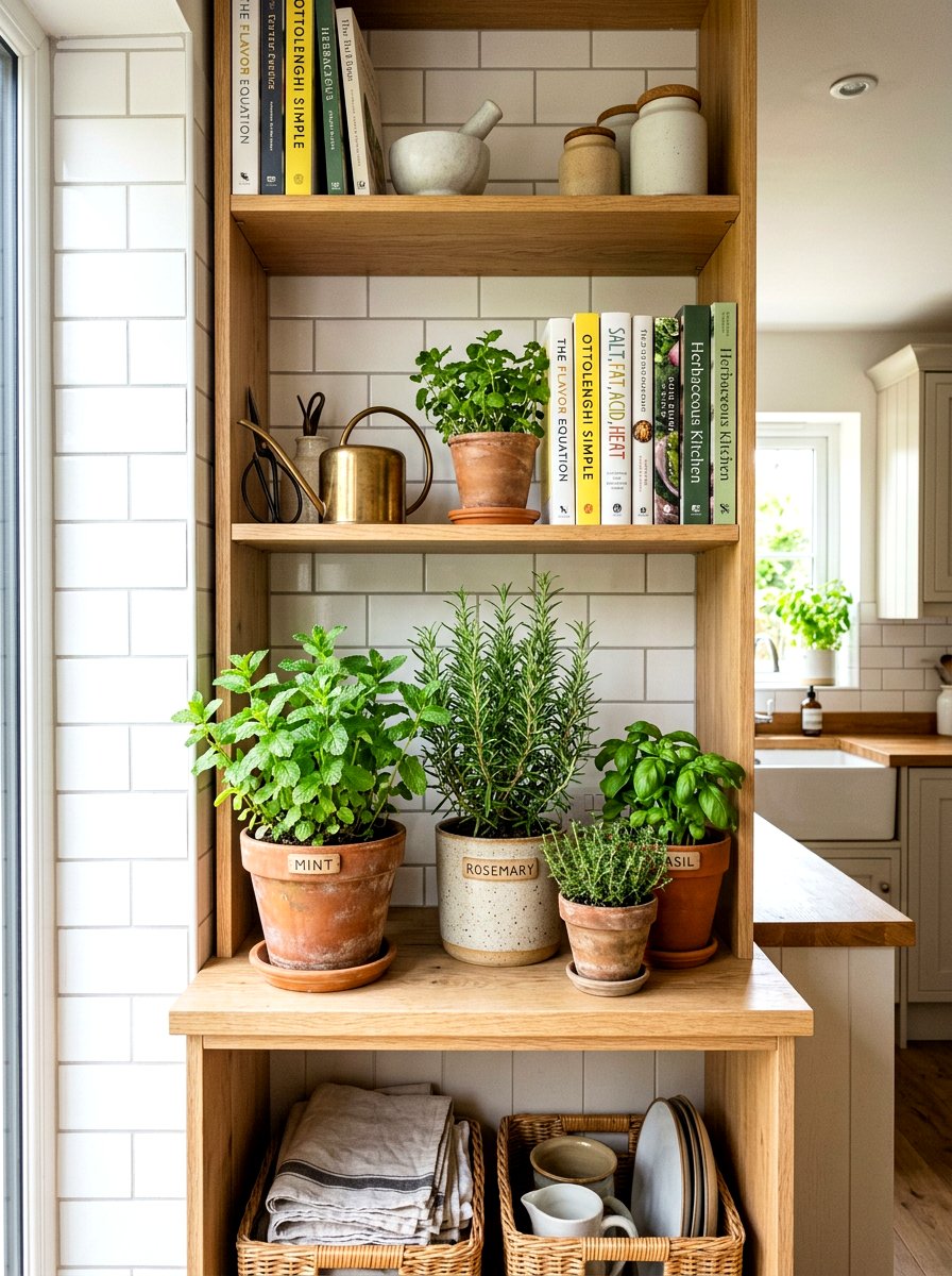 Potted herb plants - 25 Spring Bookshelf Decor Ideas