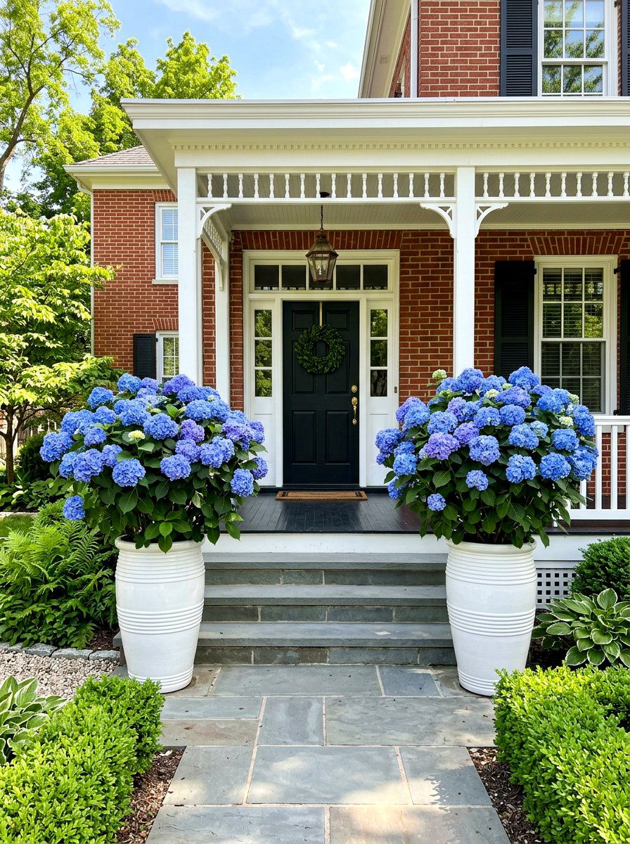 Potted hydrangea display - 25 Spring Front Yard Decor Ideas