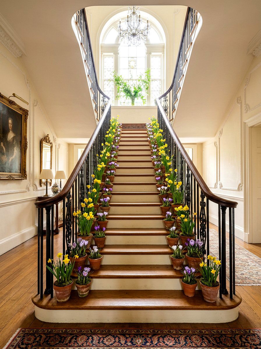 Potted spring bulbs on stairs - 25 Spring Staircase Decor Ideas