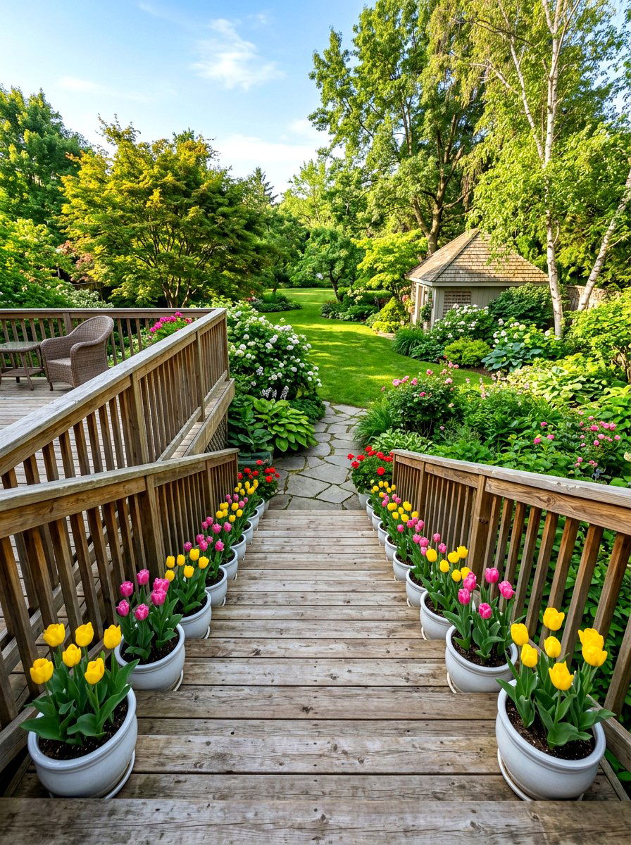 Potted tulips - 25 Spring Deck Staircase Decor Ideas