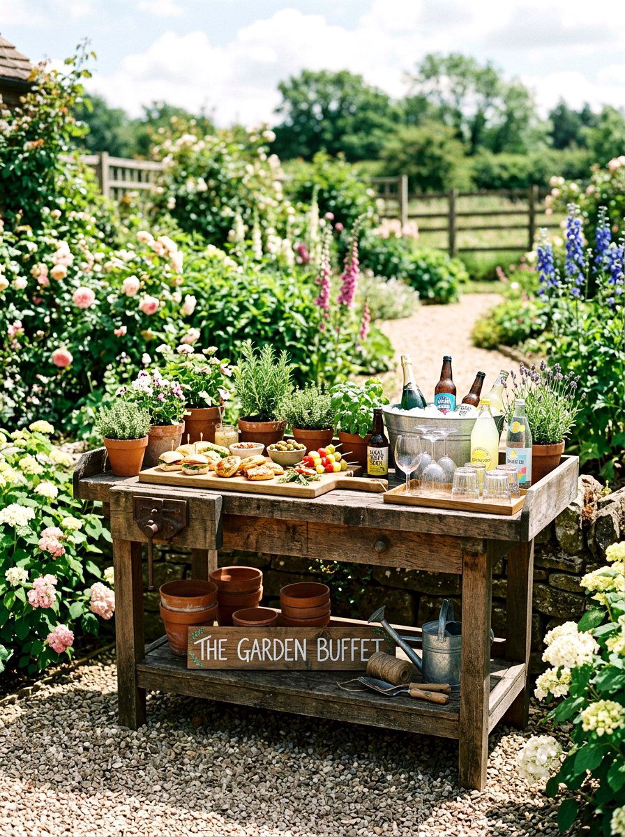 Potting Bench Buffet - 25 Spring Outdoor Entertaining Ideas