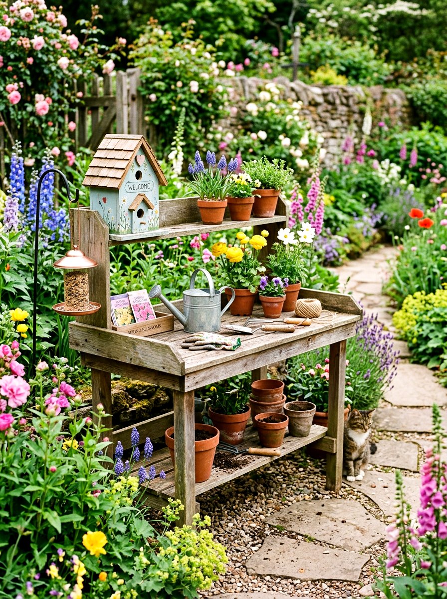 Potting Bench With Birdhouse - 25 Spring Potting Bench Decor Ideas
