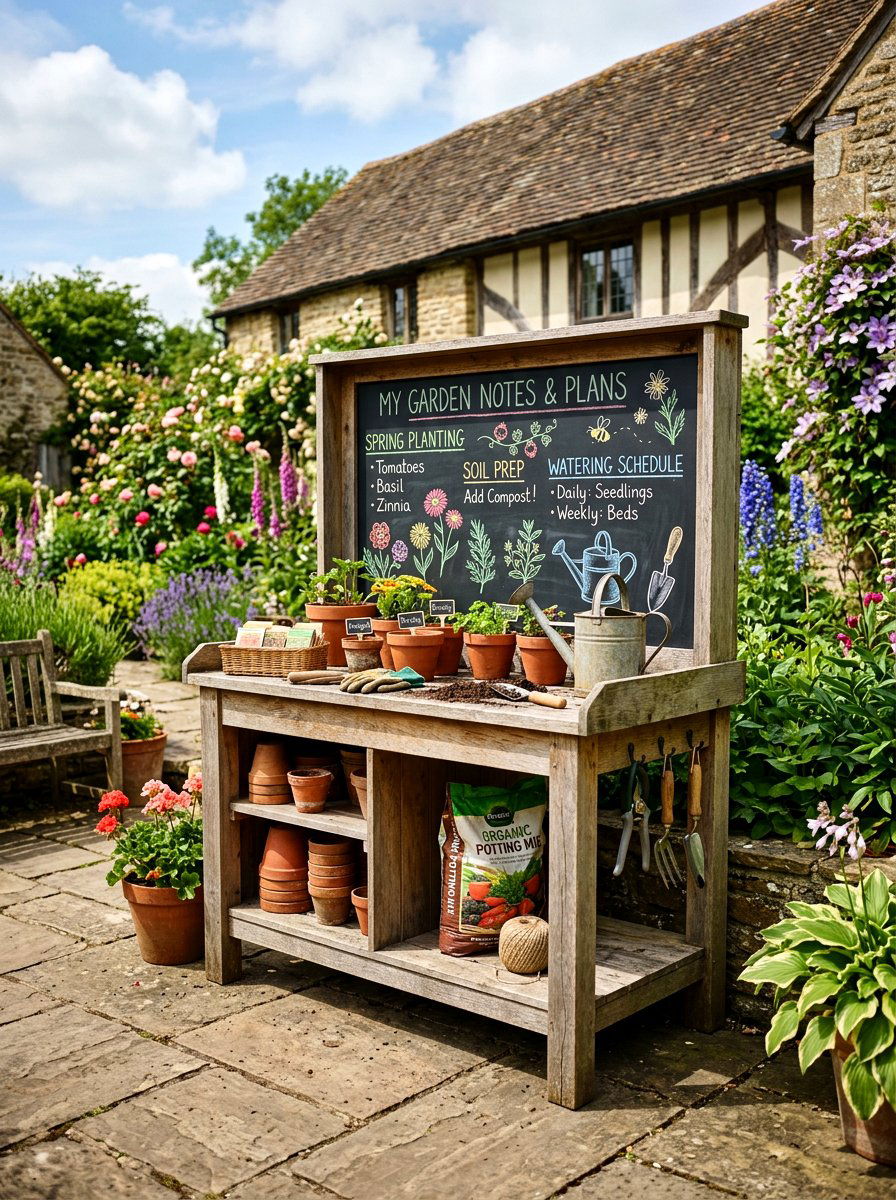 Potting Bench With Chalkboard - 25 Spring Potting Bench Decor Ideas