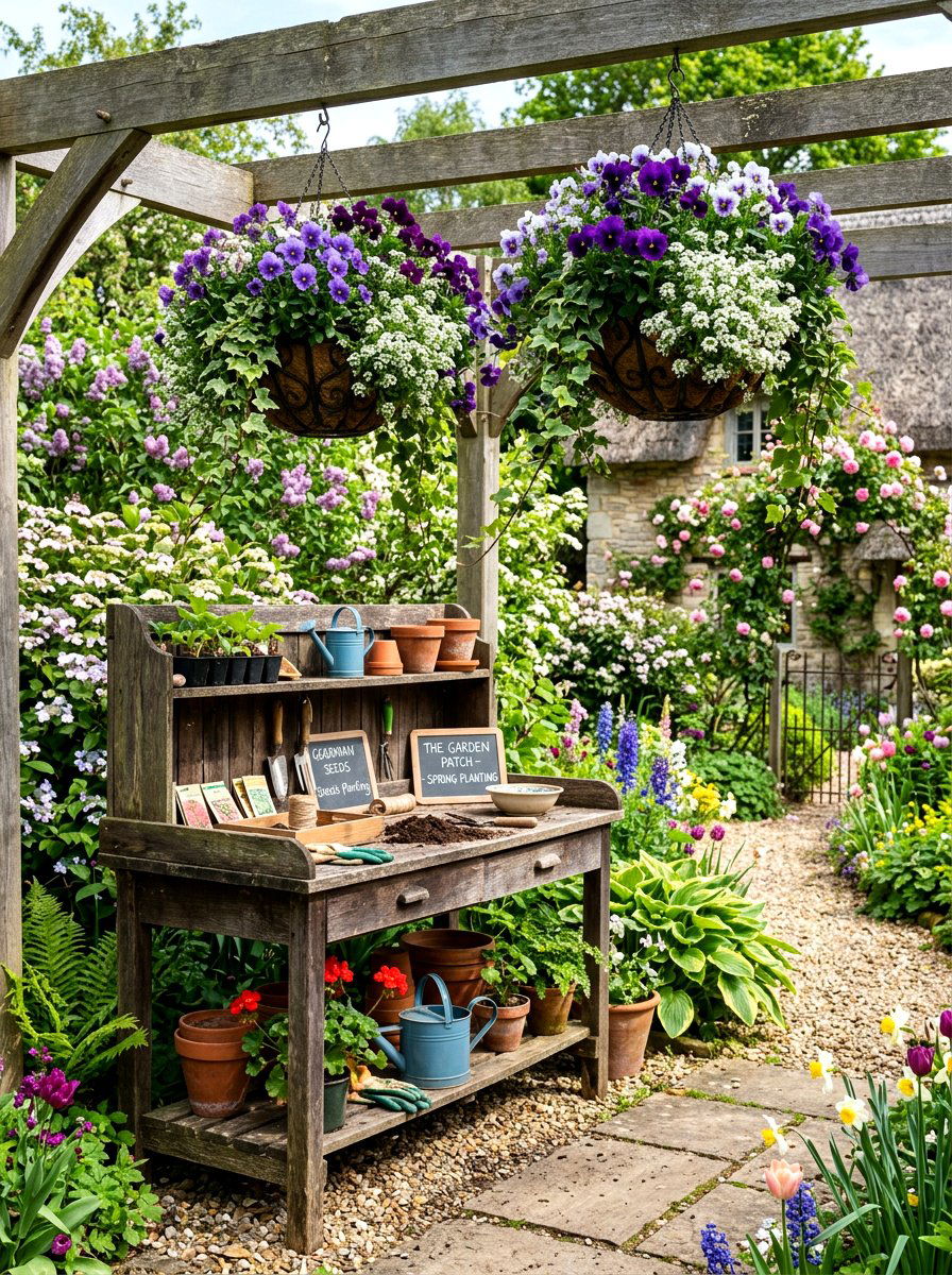 Potting Bench With Floral Baskets - 25 Spring Potting Bench Decor Ideas