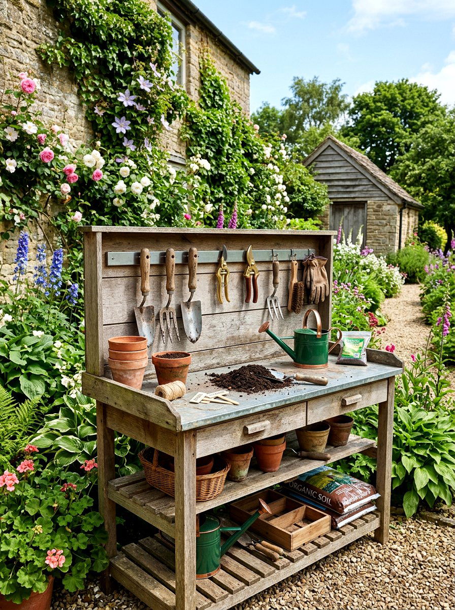 Potting Bench With Garden Tools - 25 Spring Potting Bench Decor Ideas