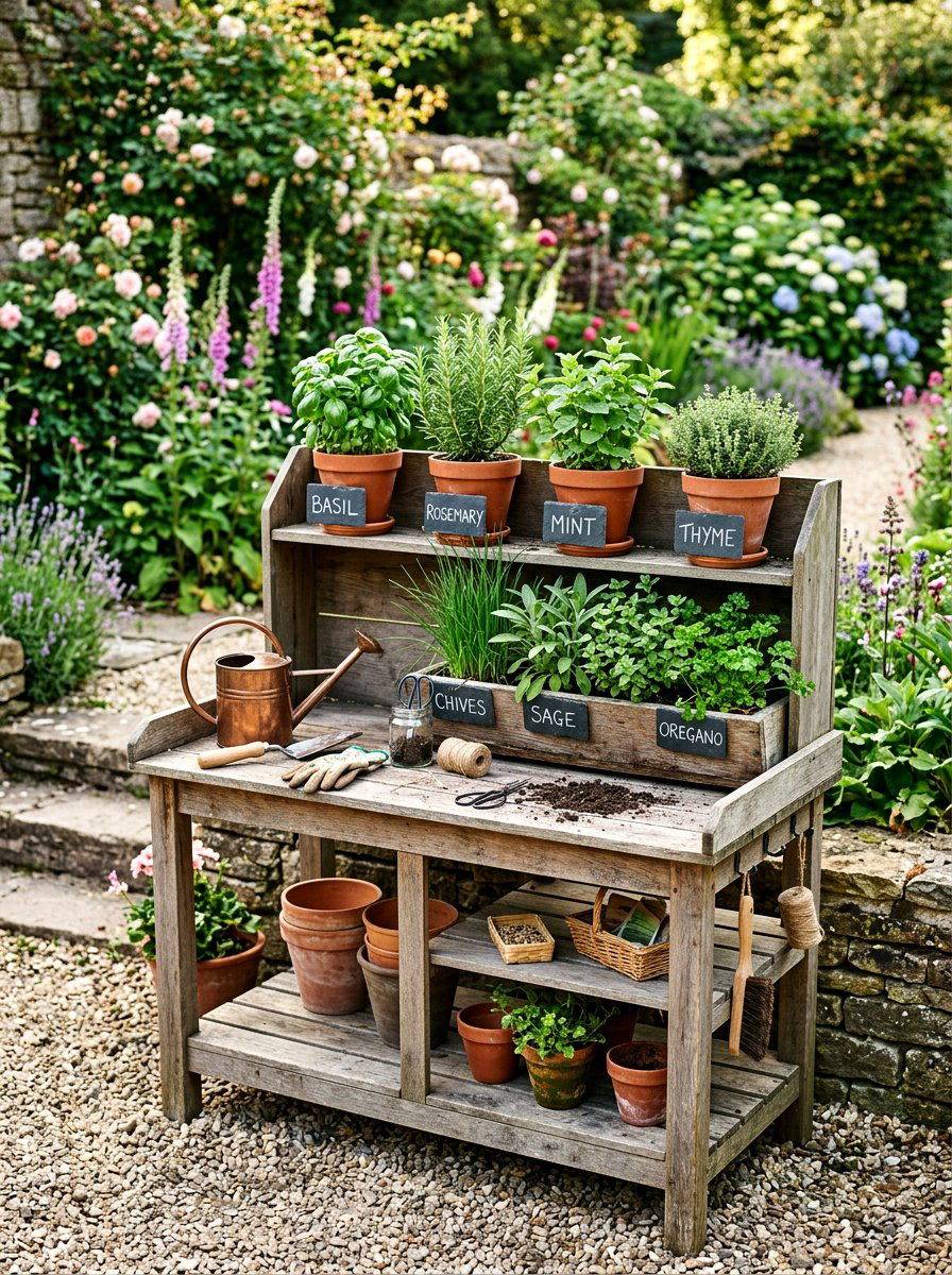 Potting Bench With Herb Garden - 25 Spring Potting Bench Decor Ideas
