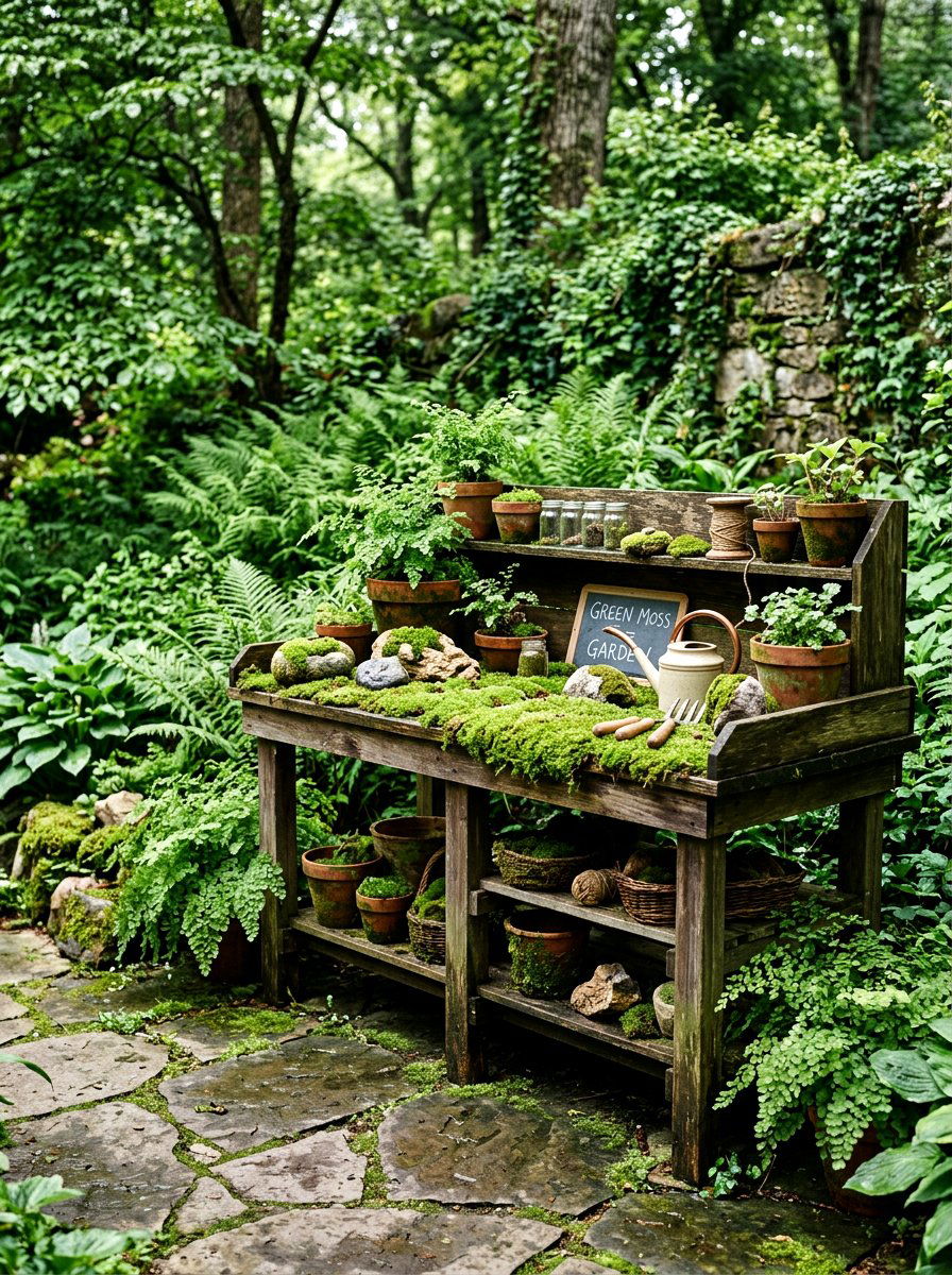 Potting Bench With Moss Decor - 25 Spring Potting Bench Decor Ideas