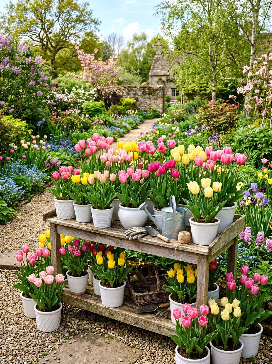 Potting Bench With Potted Tulips - 25 Spring Potting Bench Decor Ideas