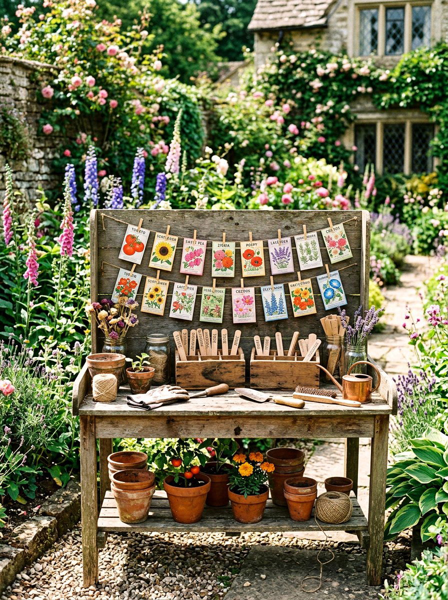 Potting Bench With Seed Packets - 25 Spring Potting Bench Decor Ideas