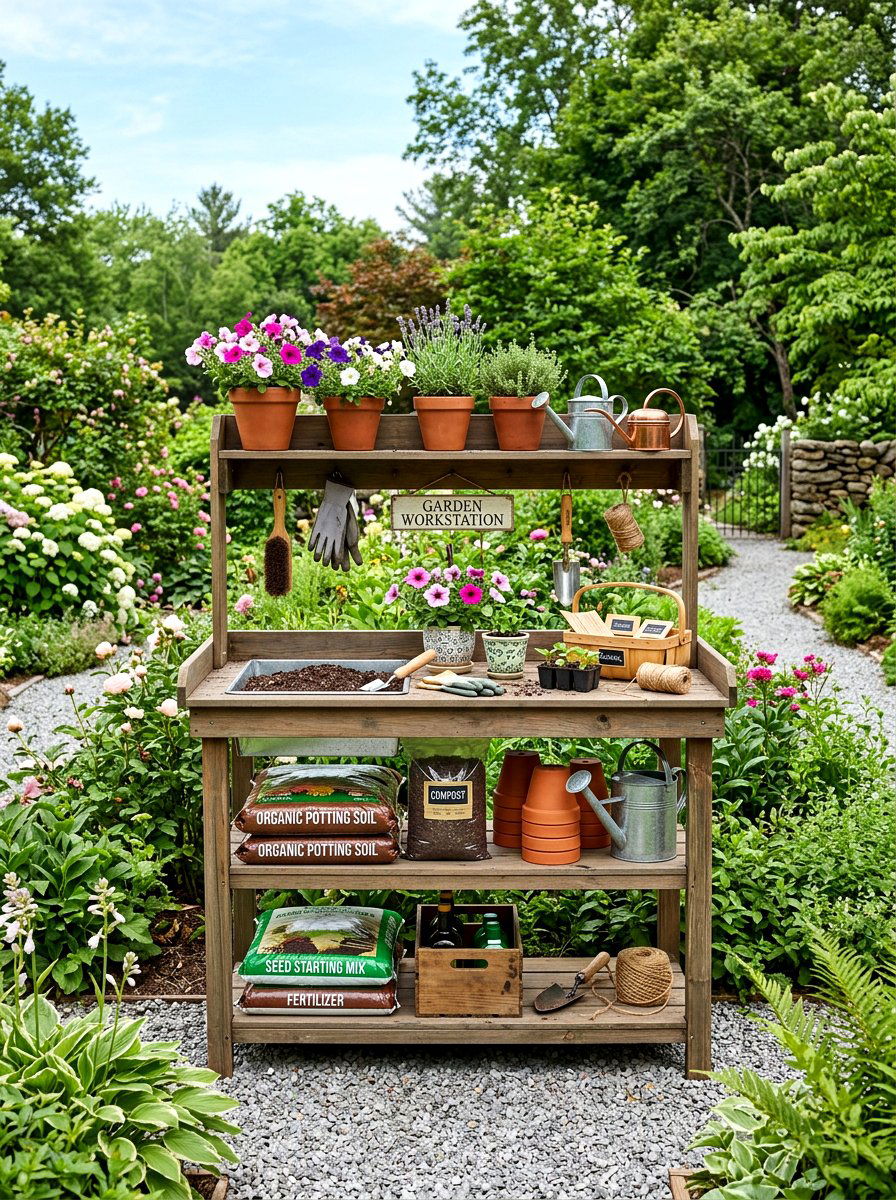 Potting Bench With Shelves - 25 Spring Potting Station Decor Ideas