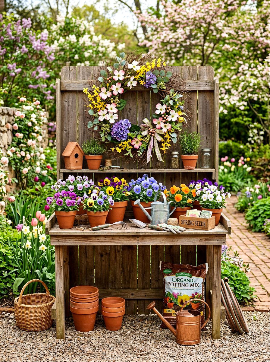 Potting Bench With Spring Wreath - 25 Spring Potting Bench Decor Ideas