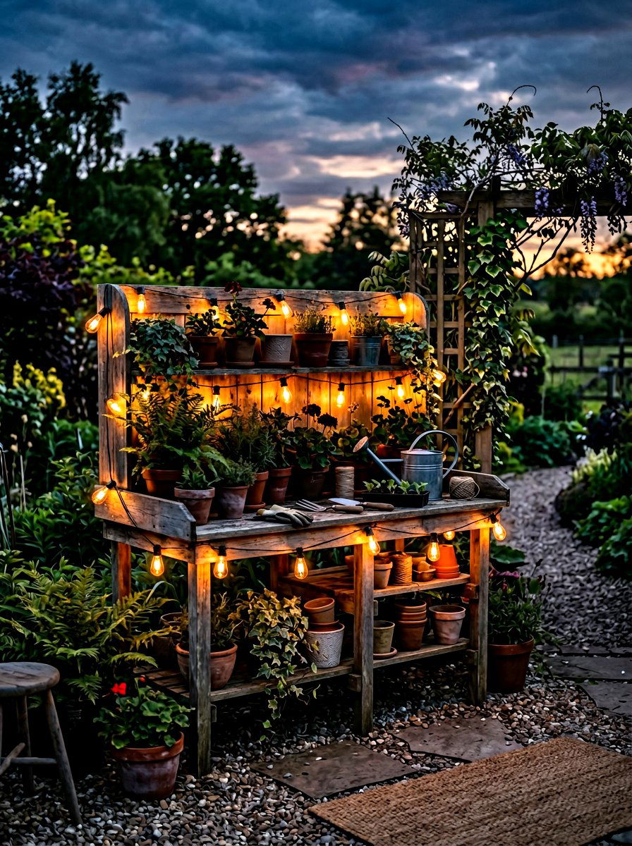 Potting Bench With String Lights - 25 Spring Potting Bench Decor Ideas