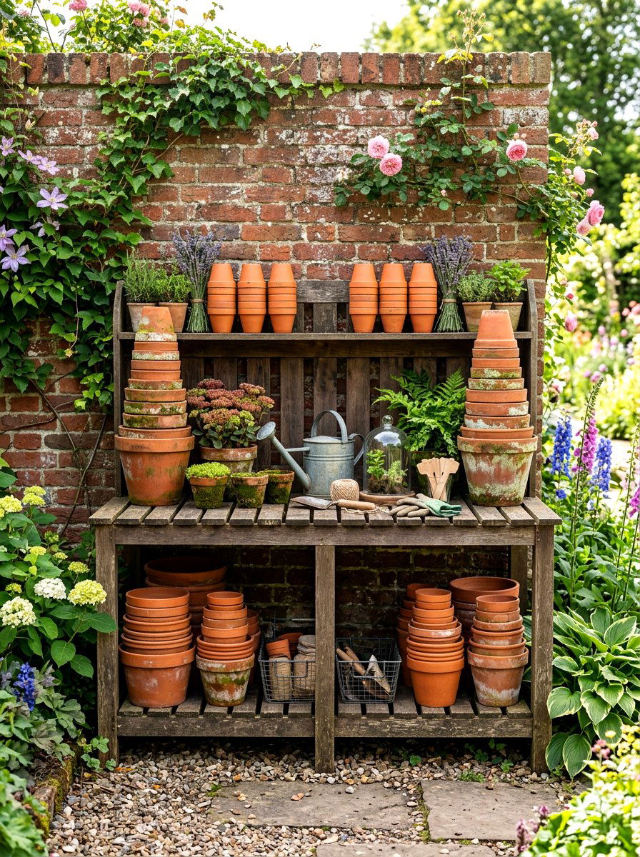 Potting Bench With Terra Cotta Pots - 25 Spring Potting Bench Decor Ideas