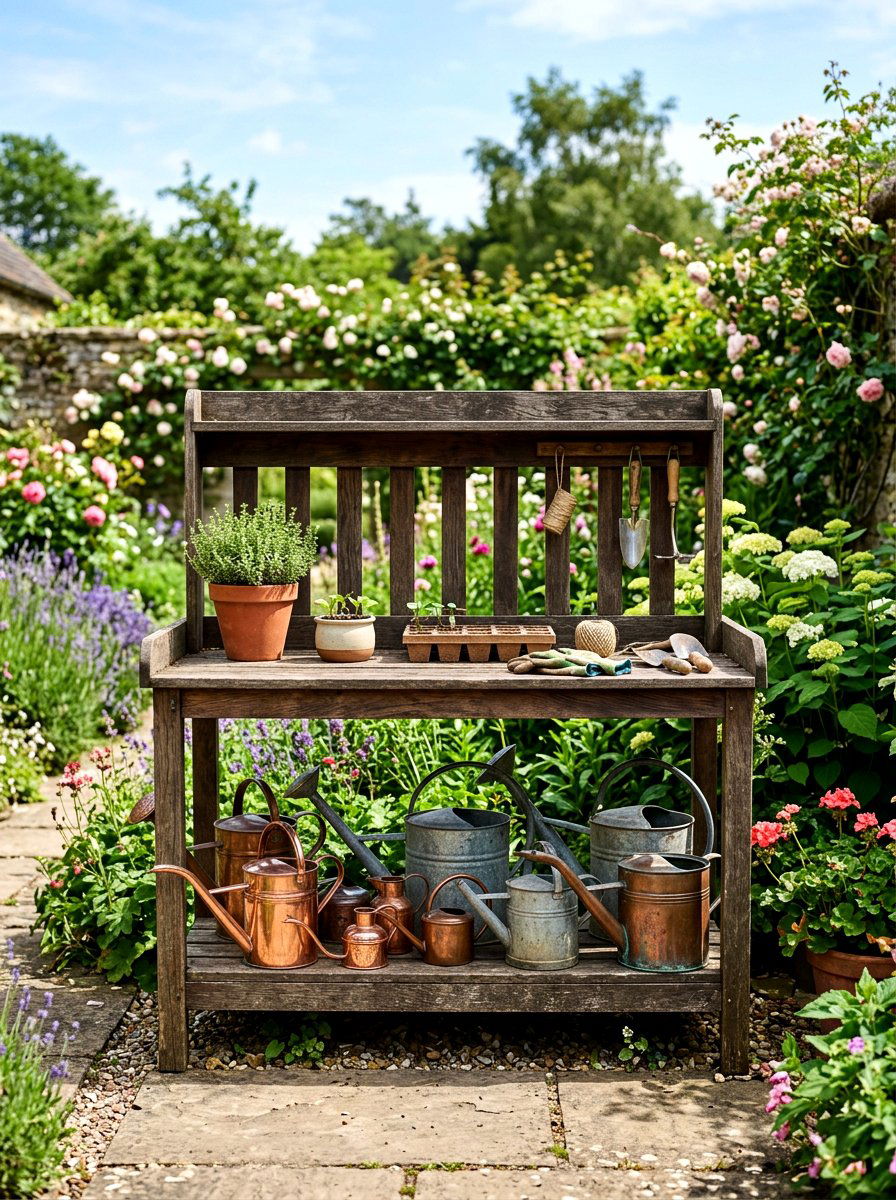 Potting Bench With Watering Cans - 25 Spring Potting Bench Decor Ideas
