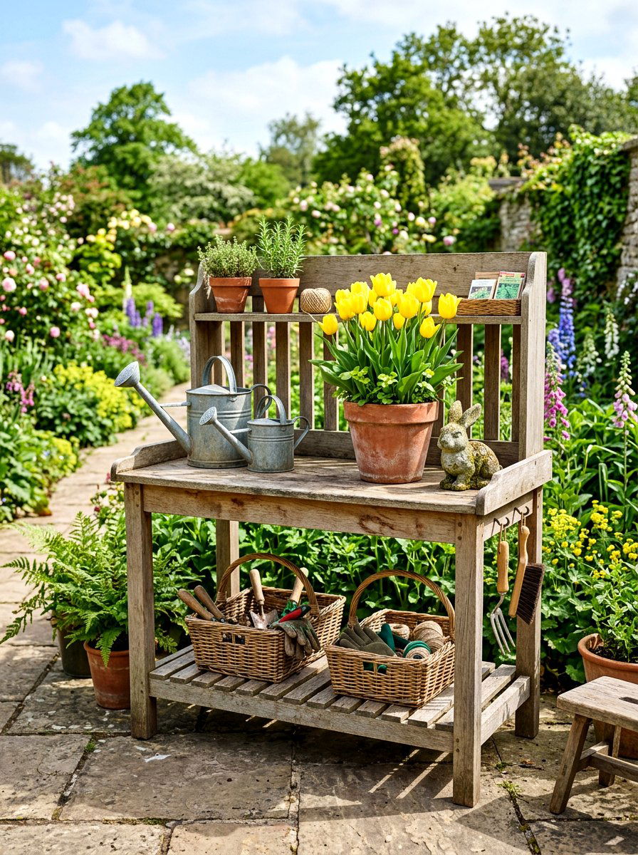 Potting Bench - 25 Spring Outdoor Shelf Decor Ideas