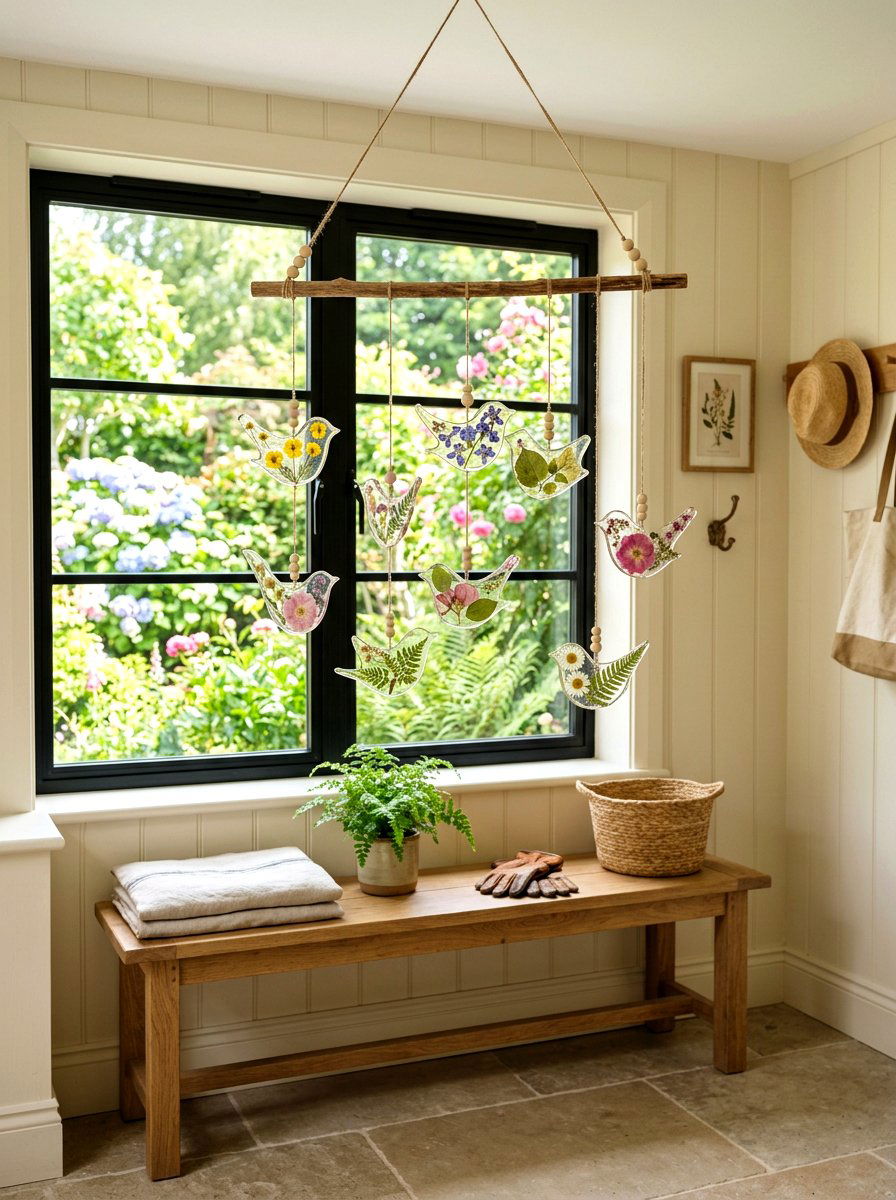 Pressed Flower Bird Mobile - 25 Spring Bird Mobile Ideas