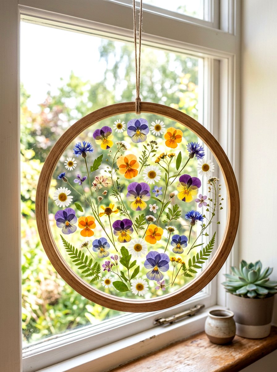 Pressed Flower Glass Hoop - 25 Spring Embroidery Hoop Decor Ideas