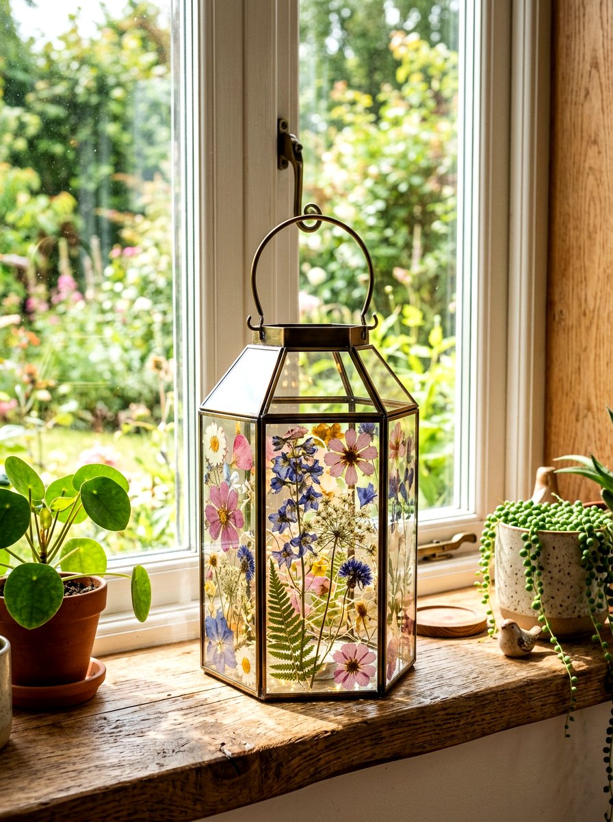 Pressed Flower Glass Lantern - 25 Spring Mason Jar Lantern Ideas