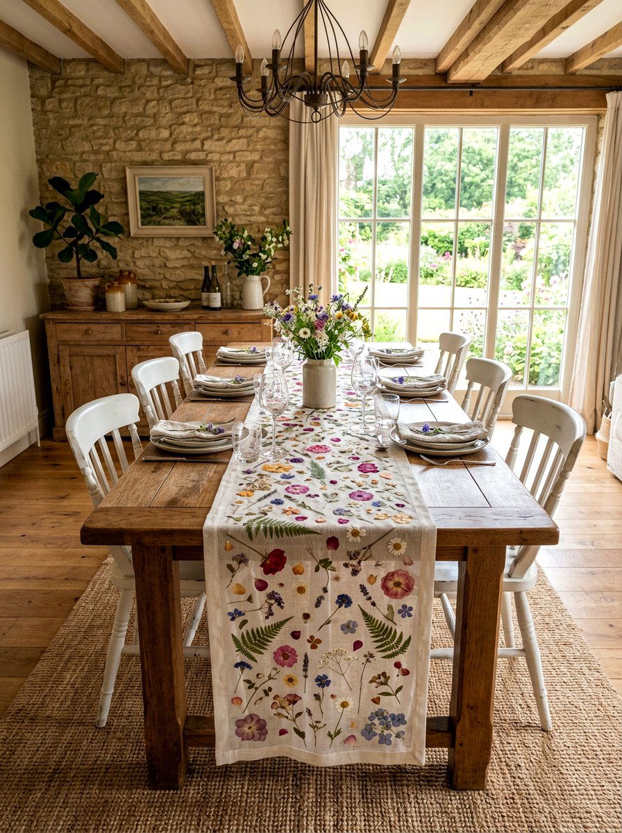 Pressed Flower Table Runner - 25 Spring Pressed Flower Ideas