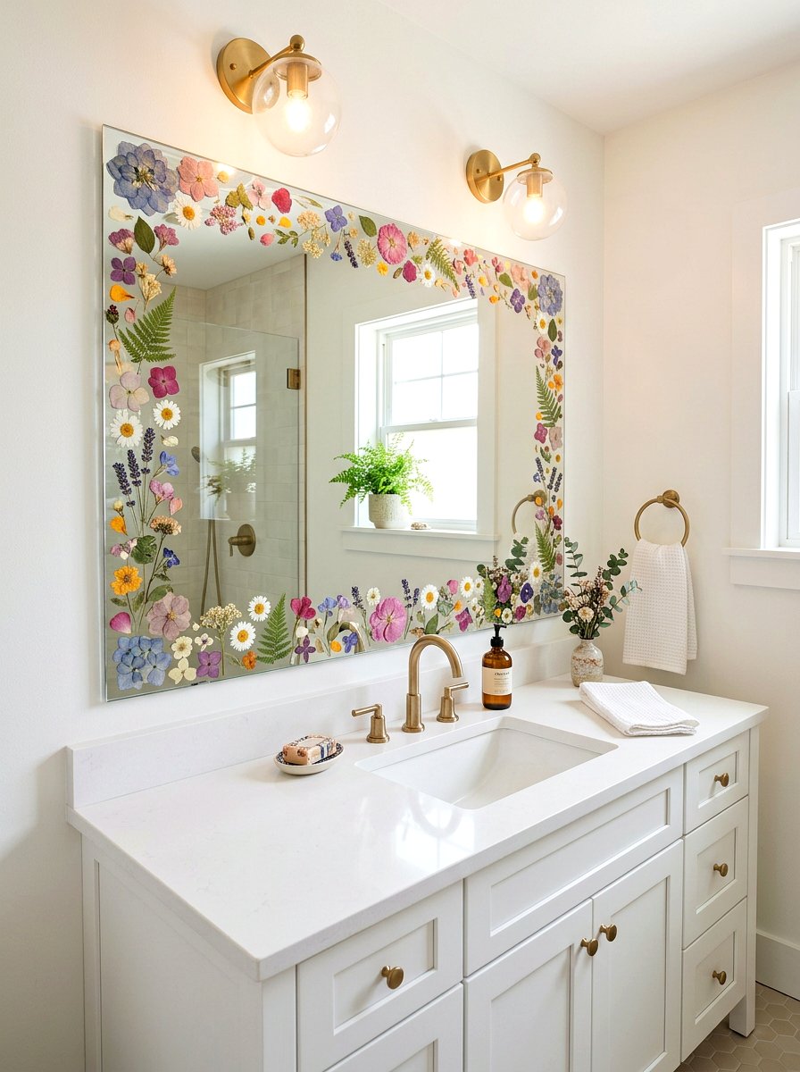 Pressed flower mirror border - 25 Spring Bathroom Mirror Decor Ideas
