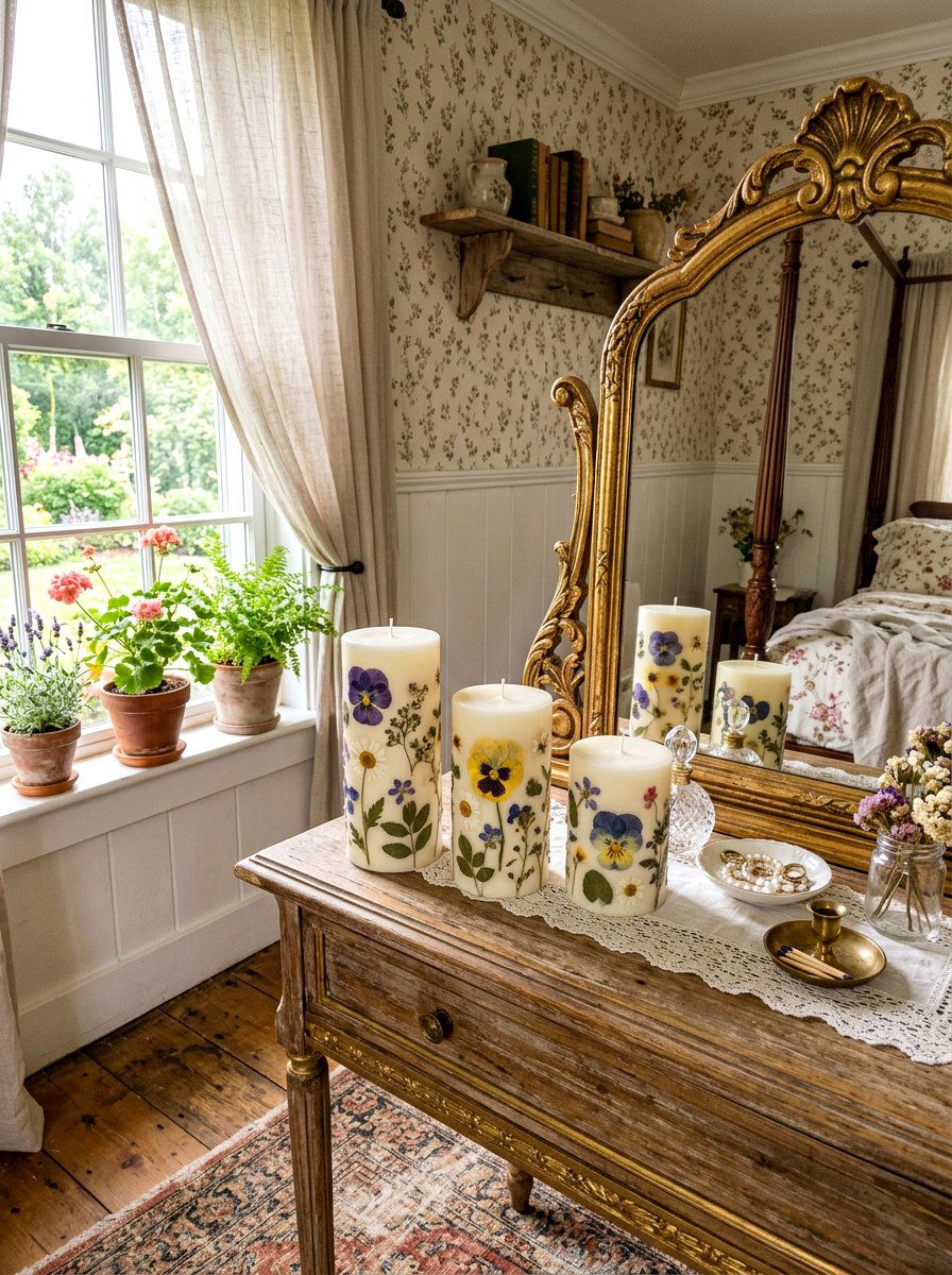 Pressed flower pillar candle - 25 Spring Pillar Candle Ideas