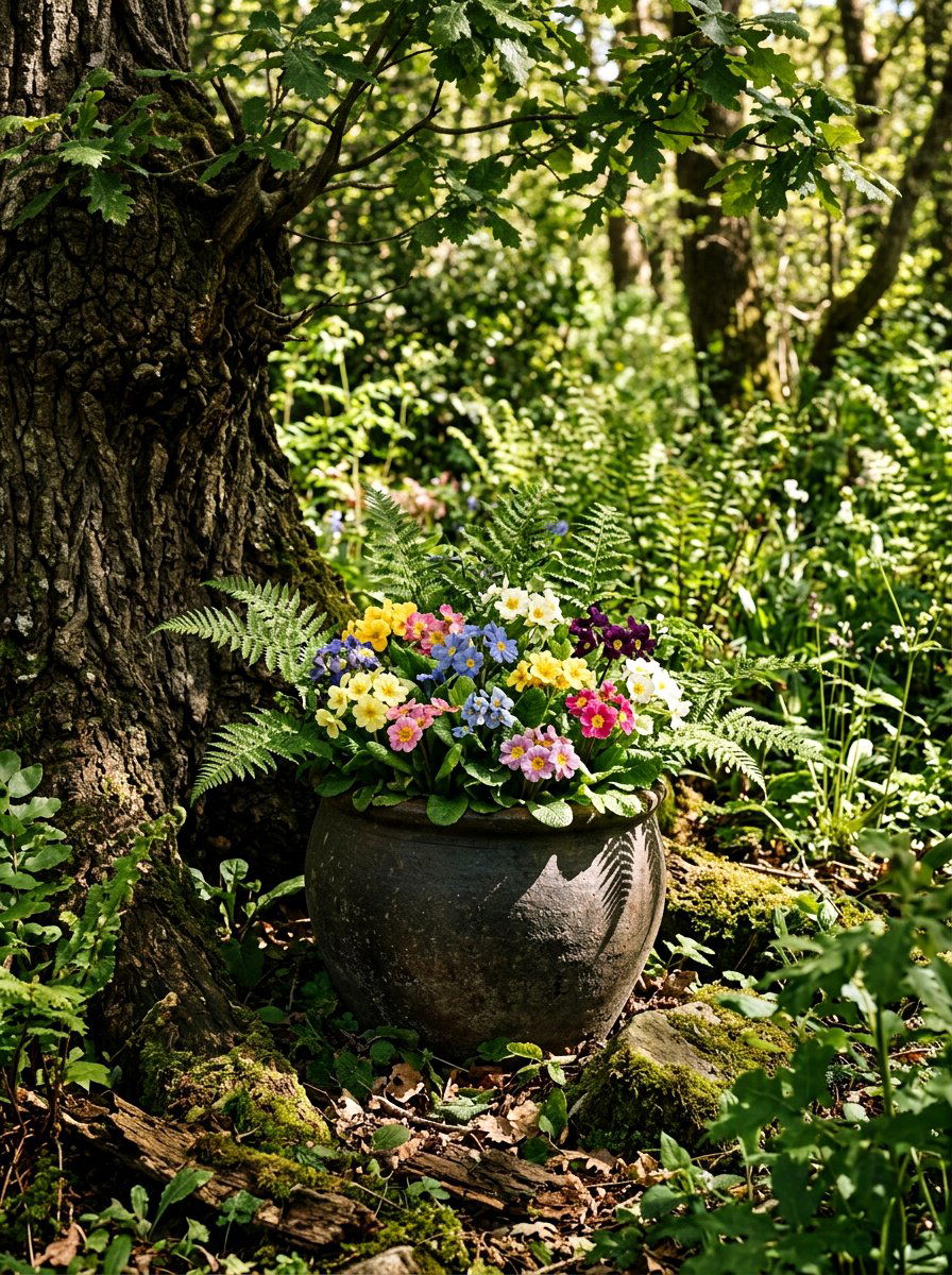 Primrose and Fern - 25 Spring Flower Pot Ideas