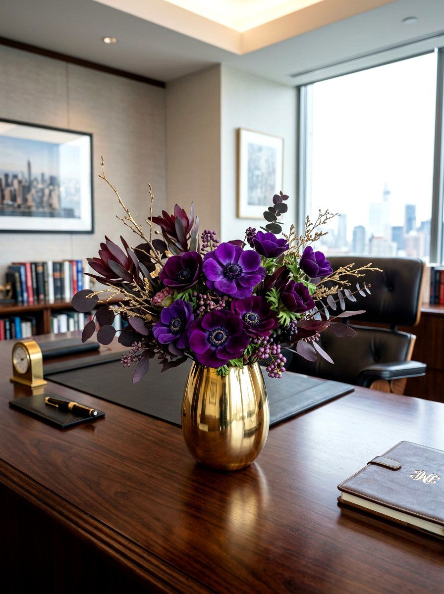 Purple Anemone Gold Vase - 25 Spring Anemone Arrangement Ideas