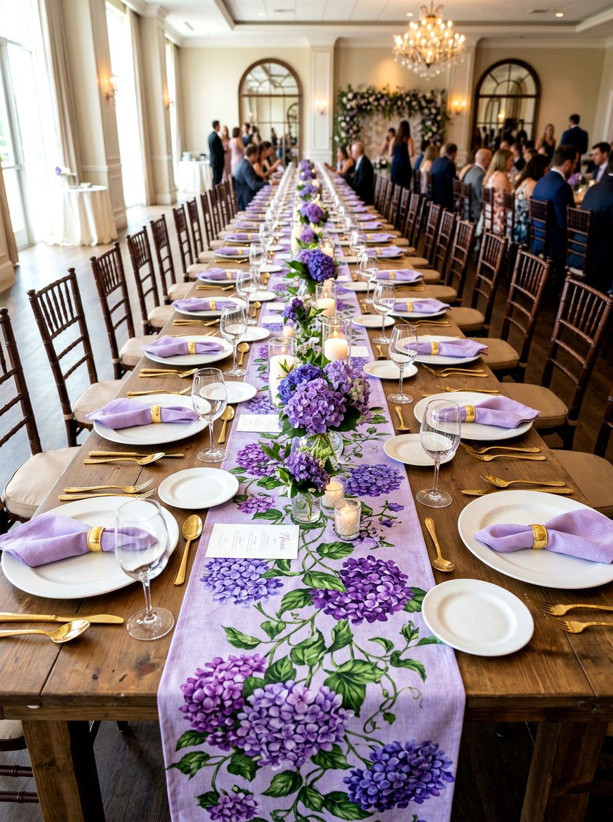 Purple Hydrangea Table Runner - 25 Spring Hydrangea Centerpiece Ideas