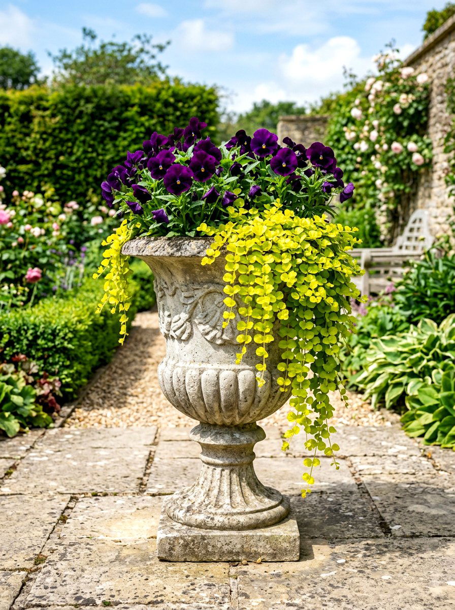 Purple Pansies And Creeping Jenny - 25 Spring Urn Planter Ideas