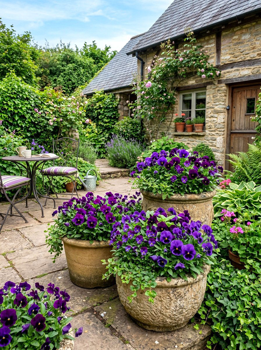Purple Pansies and Violas - 25 Spring Potted Plant Ideas