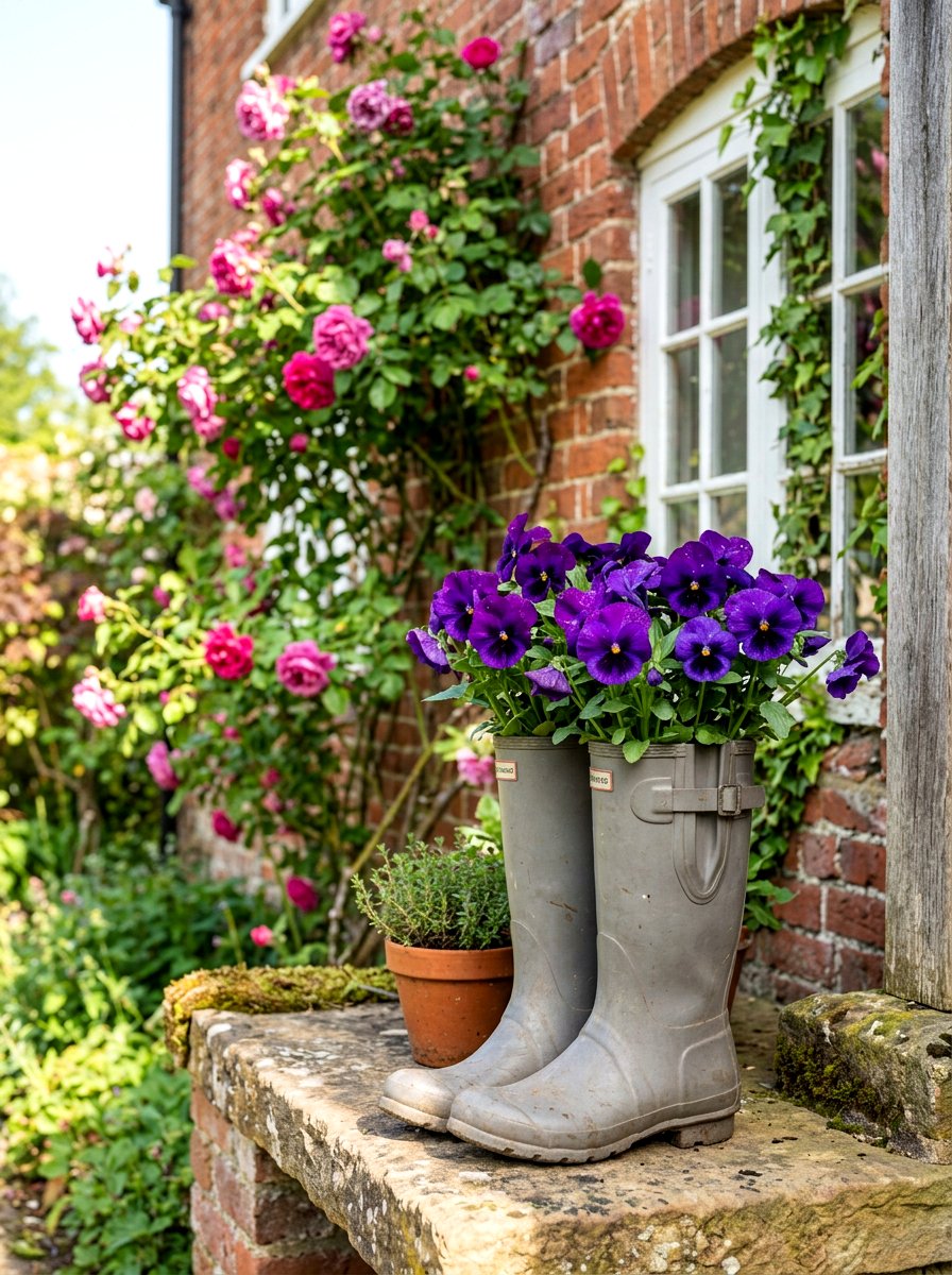 Purple Pansy Boot Planter - 25 Spring Boot Planter Ideas