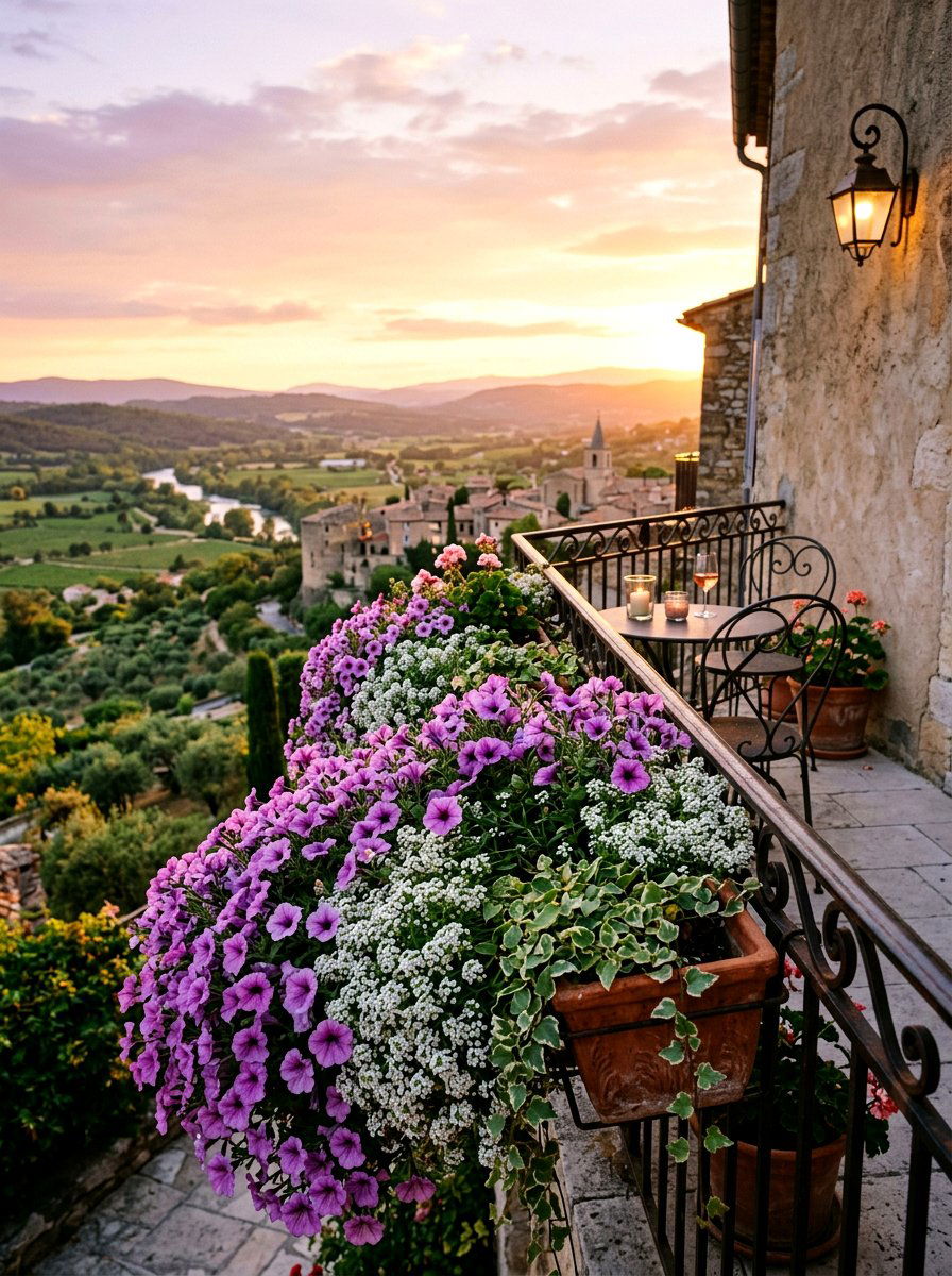 Purple Petunias And Alyssum - 25 Spring Balcony Flower Box Ideas