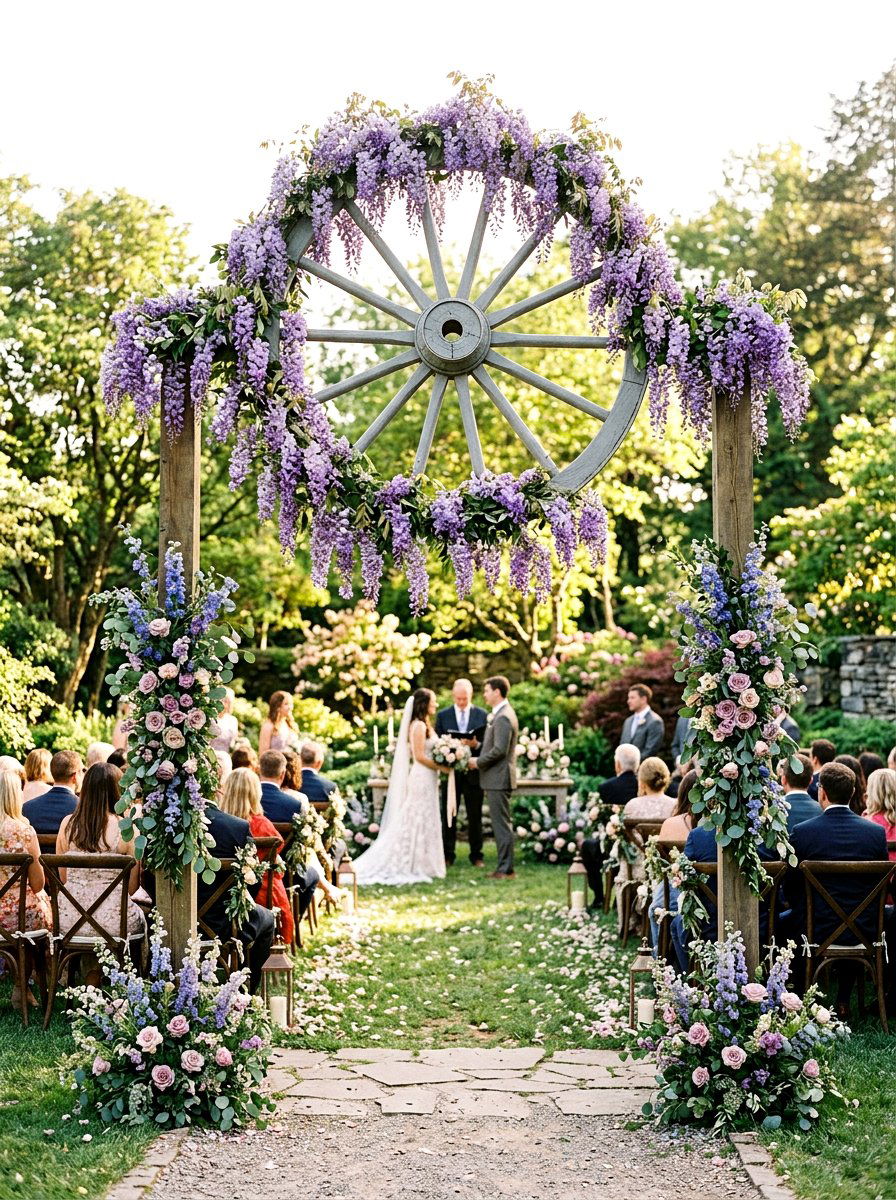 Purple Wisteria Wagon Wheel - 25 Spring Wagon Wheel Wreath Ideas