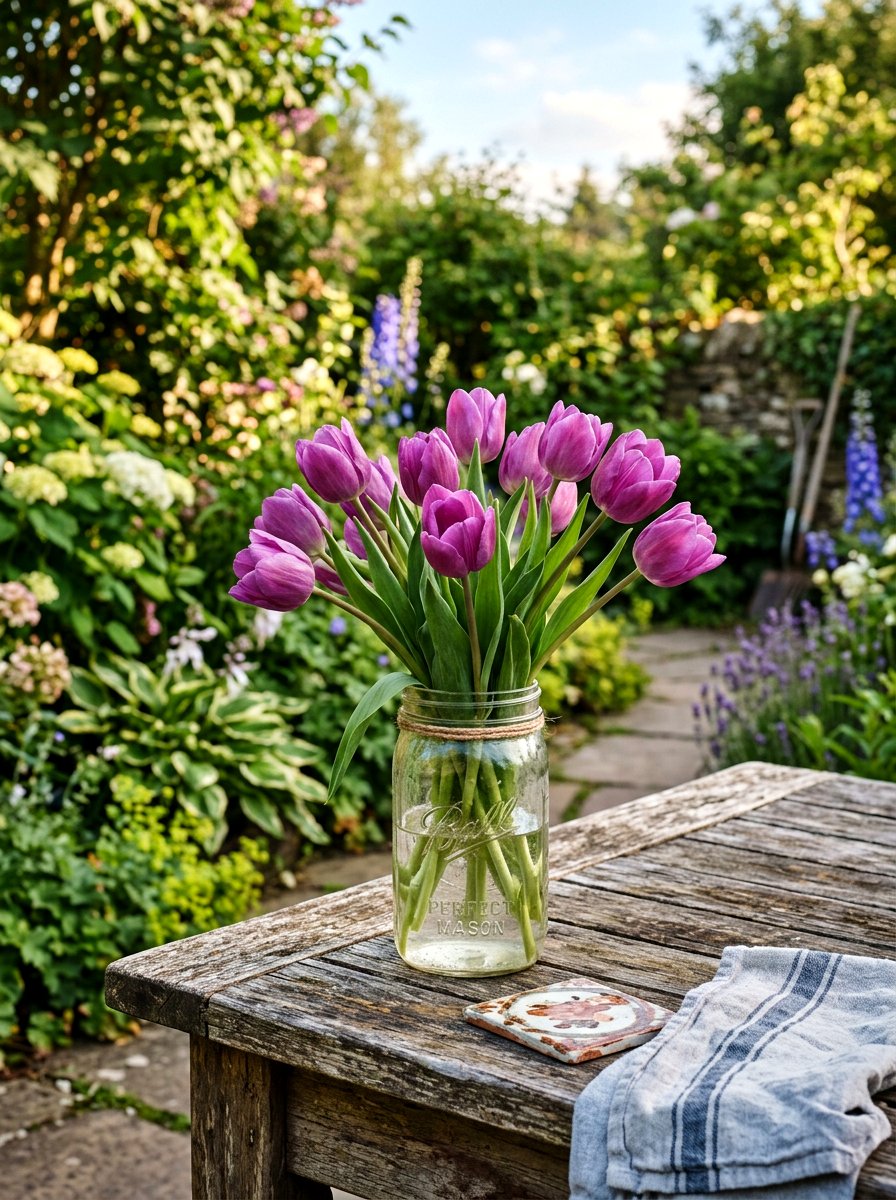 Purple tulips in repurposed mason jar - 25 Spring Tulip Bulb Vase Ideas