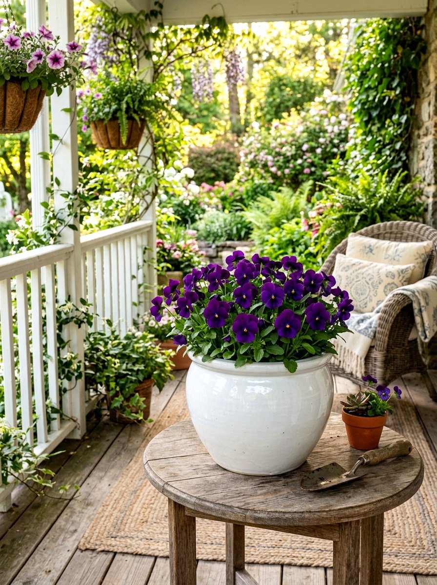 Purple violas in ceramic pots - 25 Spring Porch Flower Pot Ideas