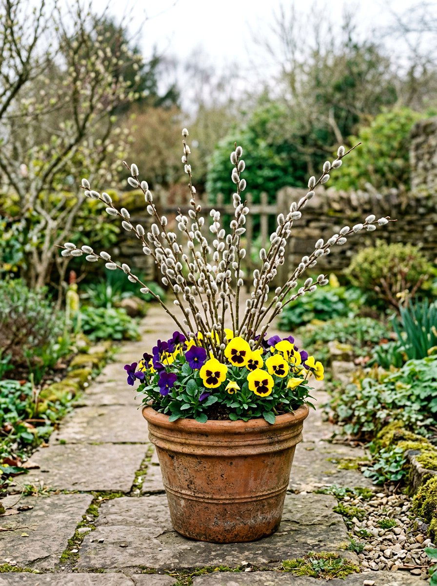 Pussy willow and flower pot - 25 Spring Garden Pot Ideas