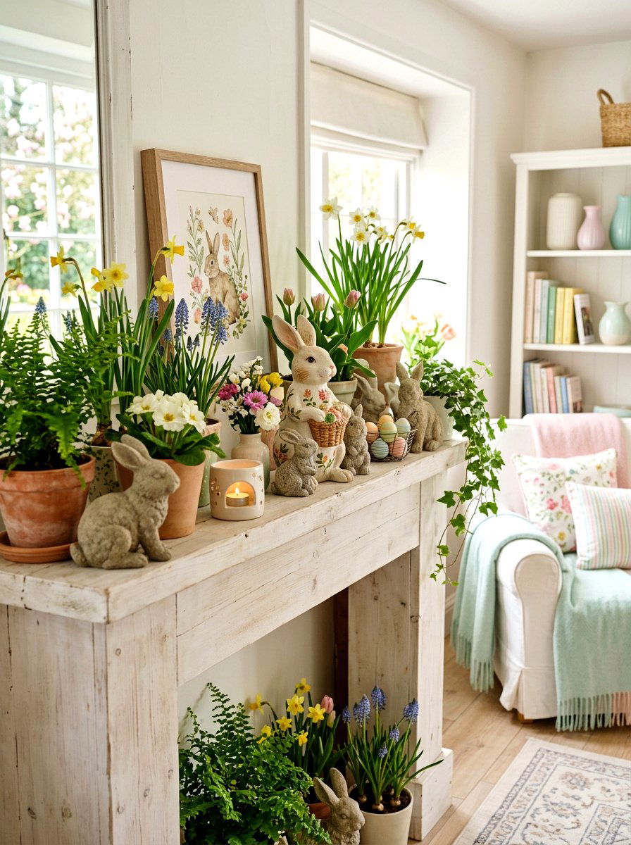Rabbit Figurine Display - 25 Spring Mantel Arrangement Ideas