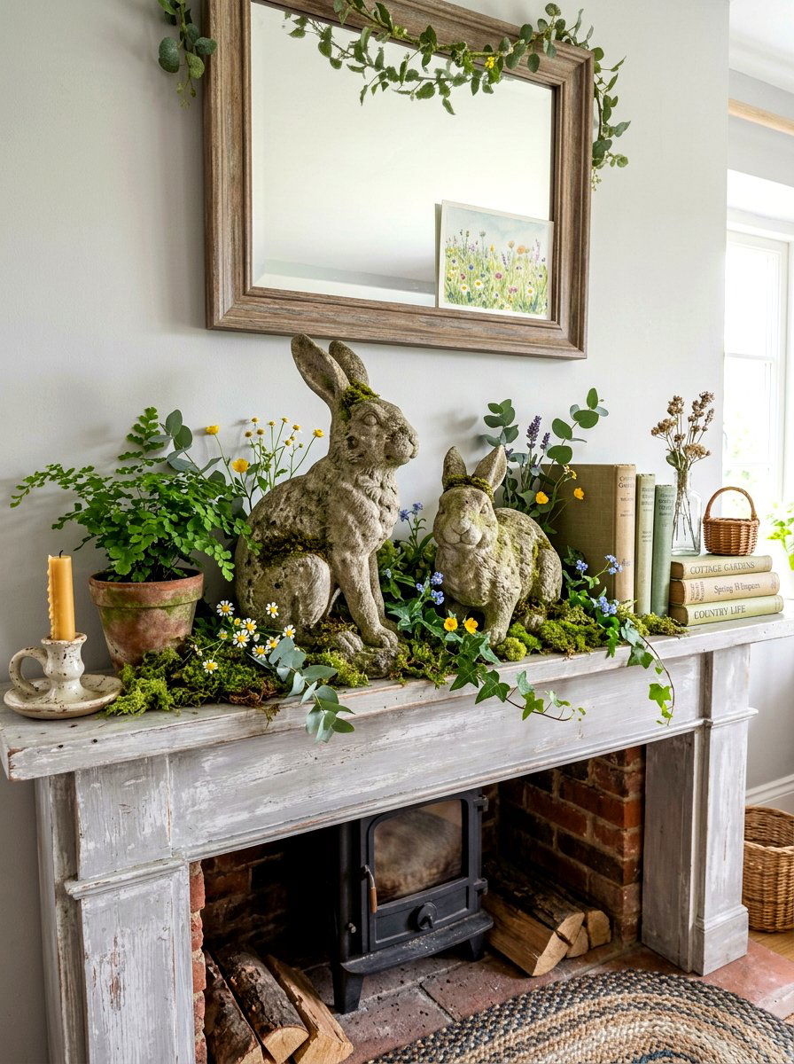 Rabbit Mantel Figurine - 25 Spring Cottage Mantel Ideas
