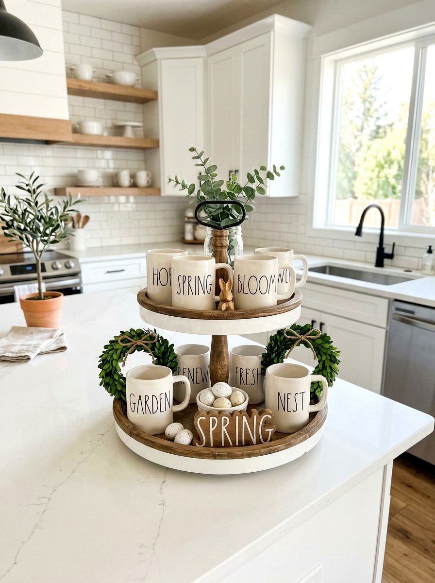 Rae Dunn spring tiered tray - 25 Spring Farmhouse Tiered Tray Ideas