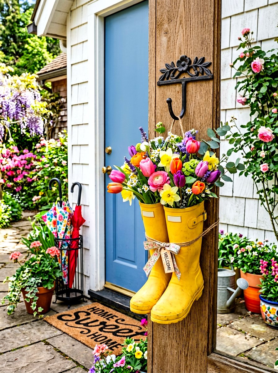 Rain Boot Door Hanger - 25 Spring DIY Wreath Ideas